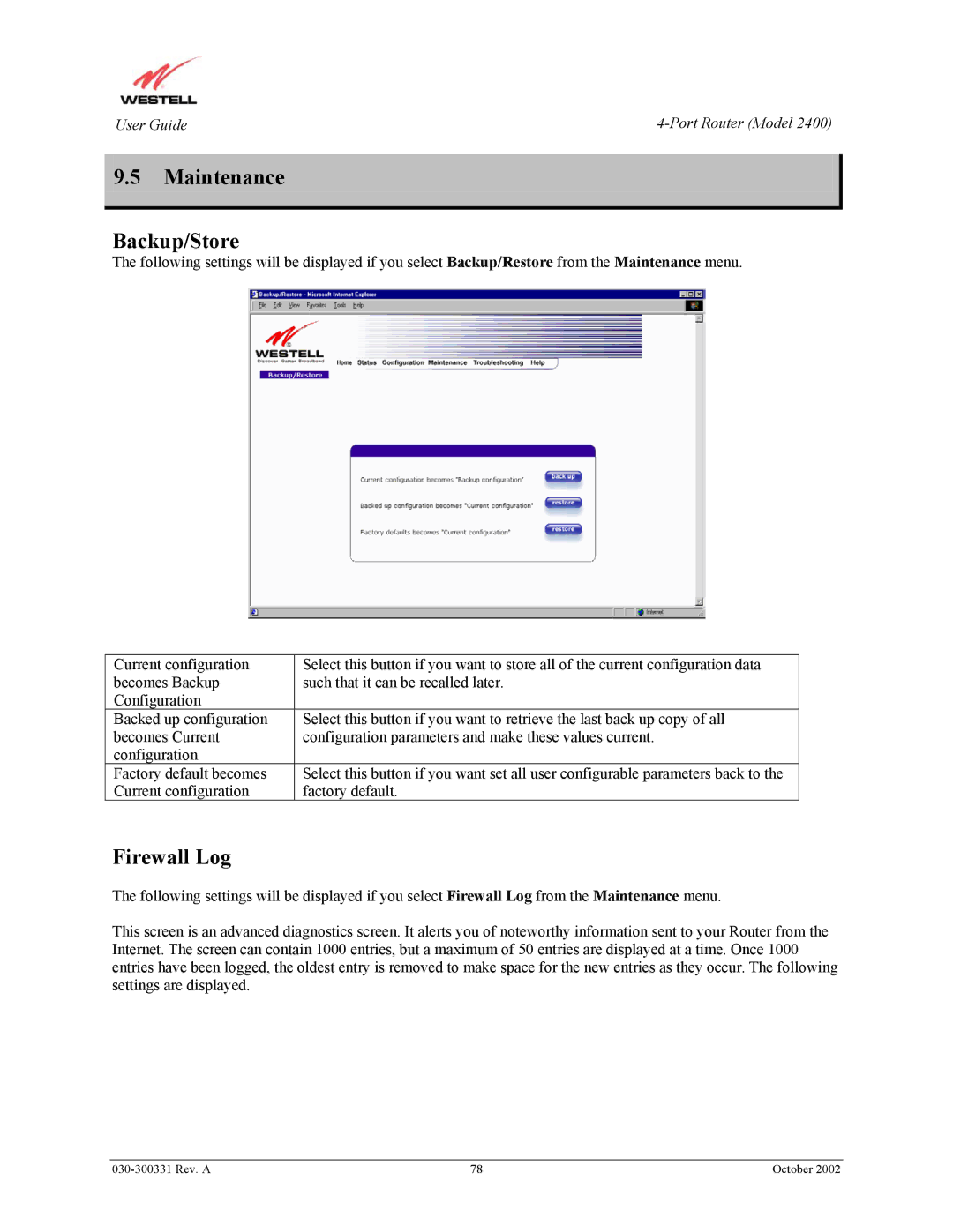 Westell Technologies 2400 manual Maintenance Backup/Store, Firewall Log 