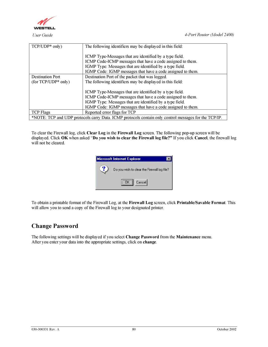 Westell Technologies 2400 manual Change Password 