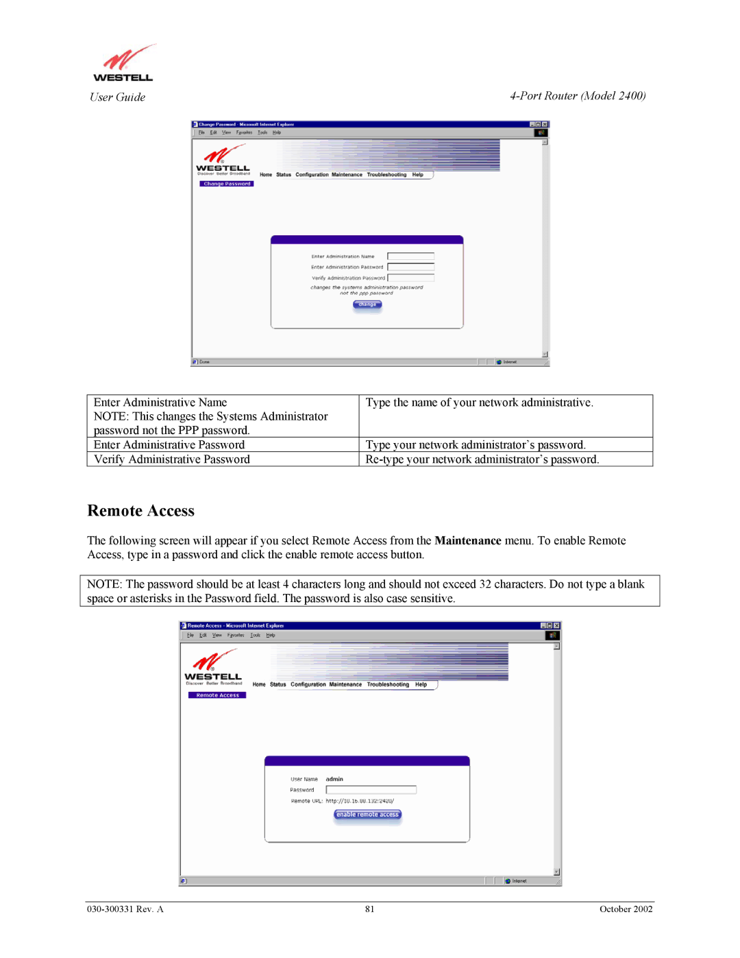 Westell Technologies 2400 manual Remote Access 