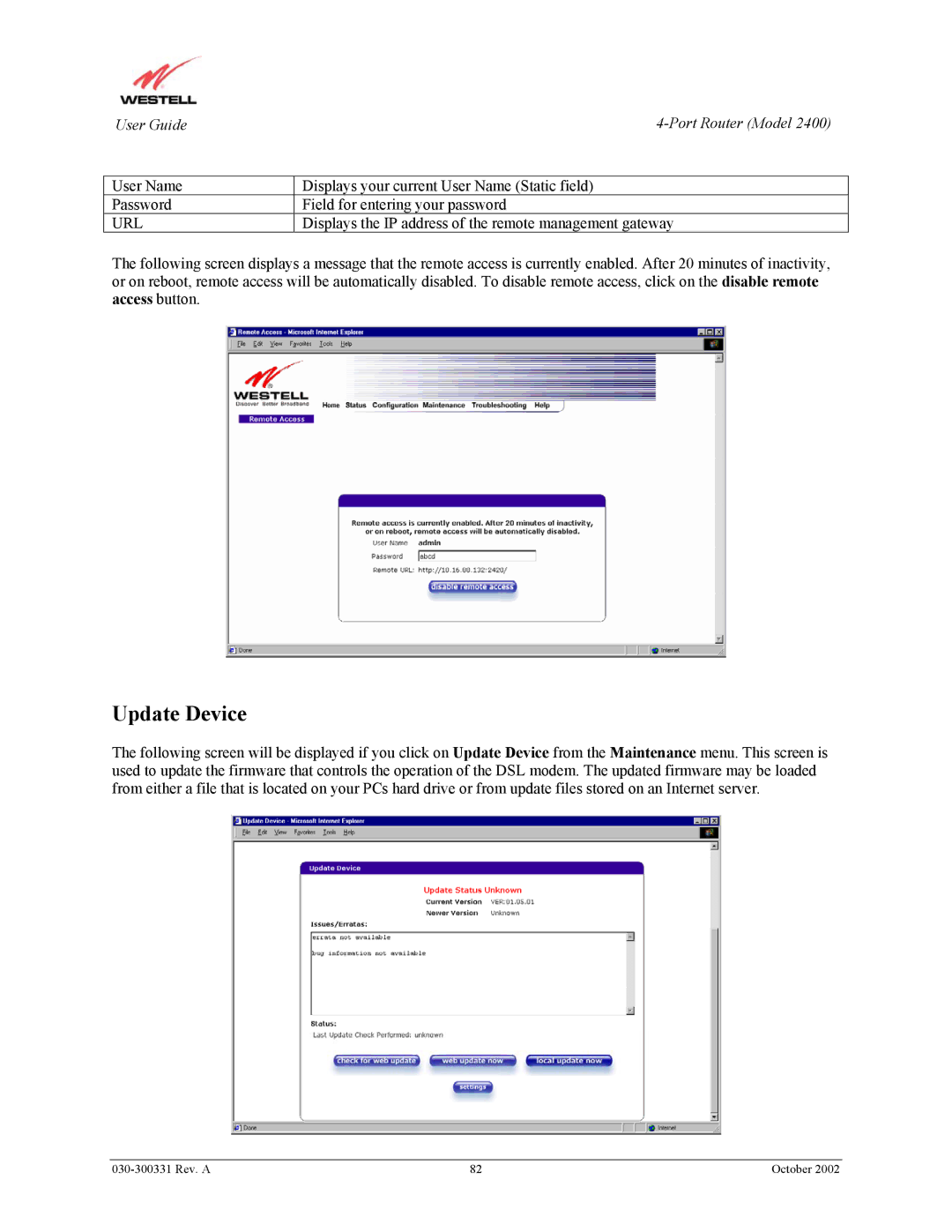 Westell Technologies 2400 manual Update Device, Url 