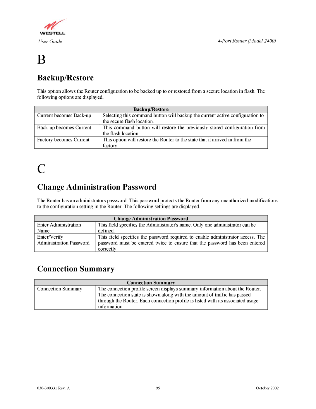 Westell Technologies 2400 manual Backup/Restore, Change Administration Password, Connection Summary 