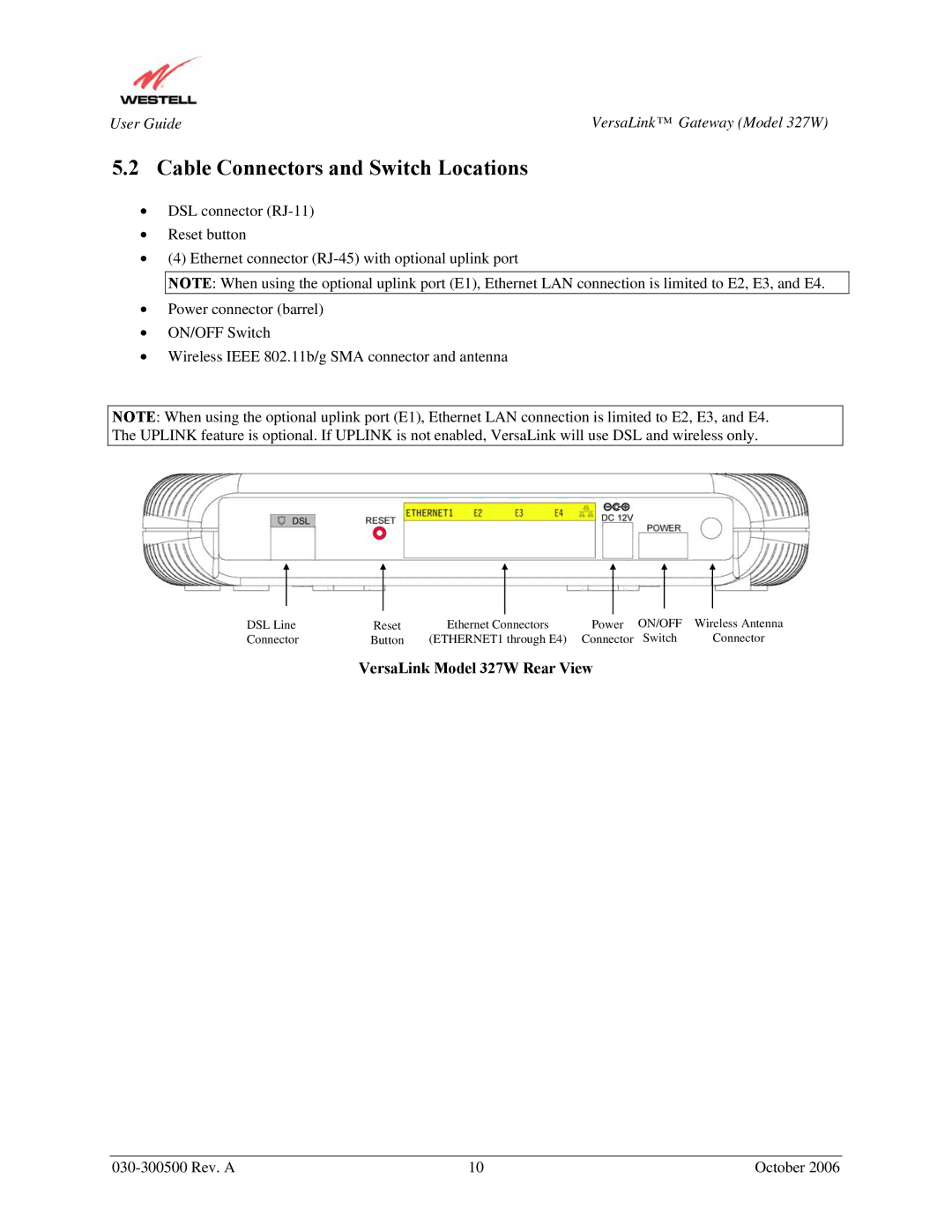 Westell Technologies manual Cable Connectors and Switch Locations, VersaLink Model 327W Rear View 