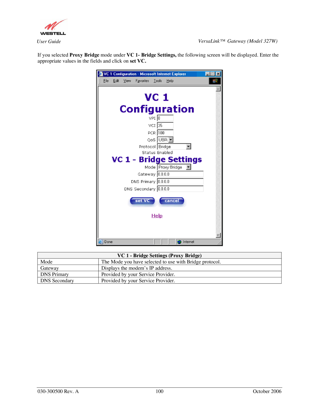 Westell Technologies 327W manual VC 1 Bridge Settings Proxy Bridge 