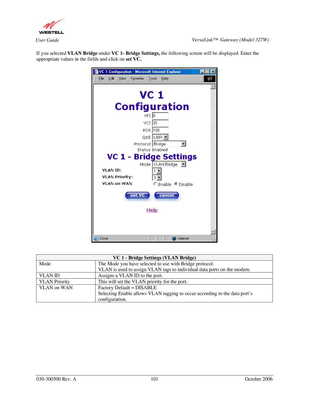 Westell Technologies 327W manual VC 1 Bridge Settings Vlan Bridge 