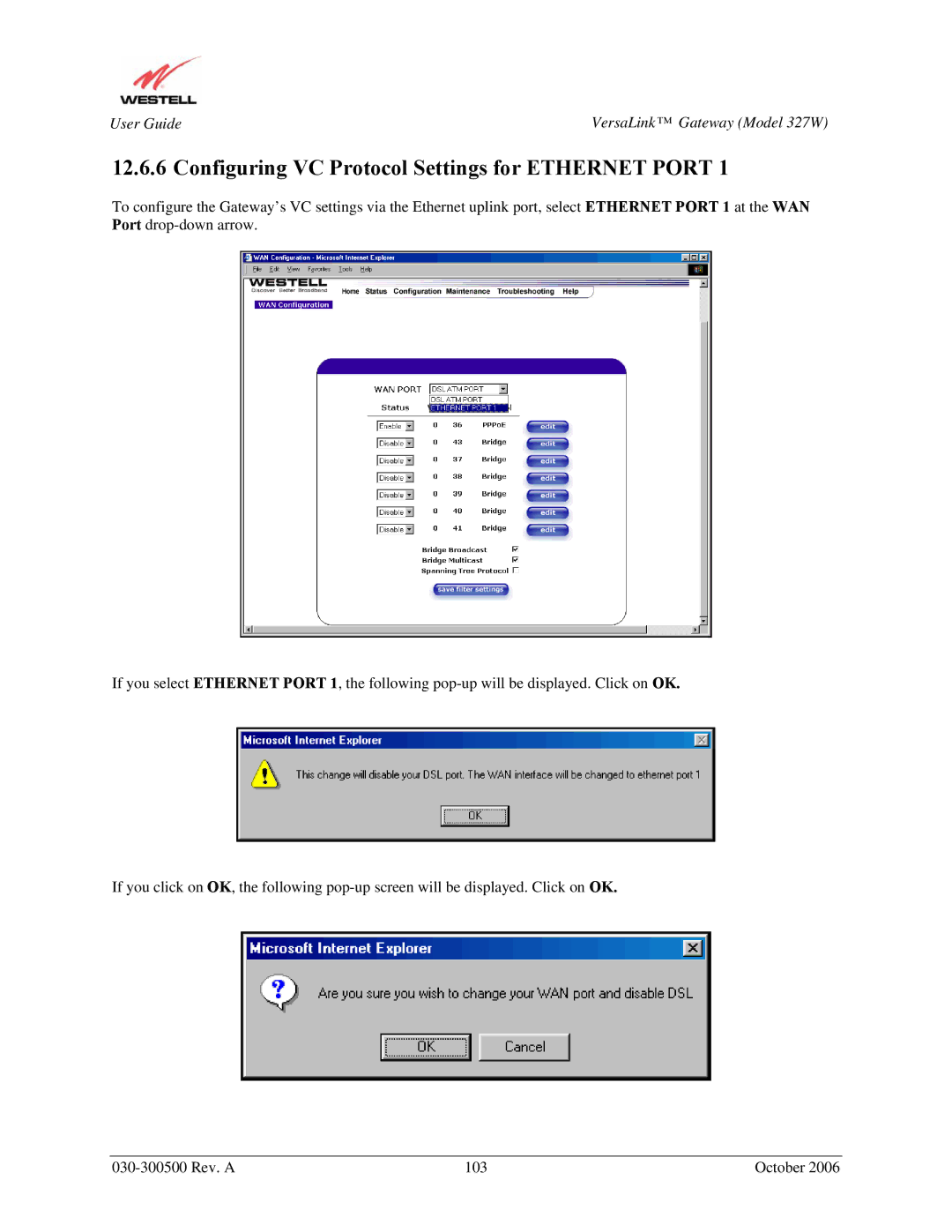 Westell Technologies 327W manual Configuring VC Protocol Settings for Ethernet Port 