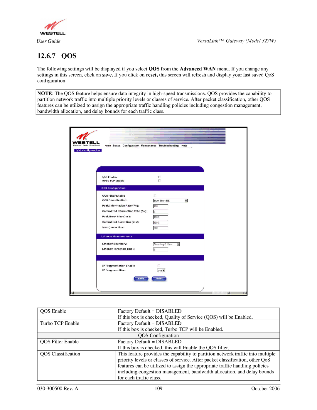 Westell Technologies 327W manual 12.6.7 QOS 