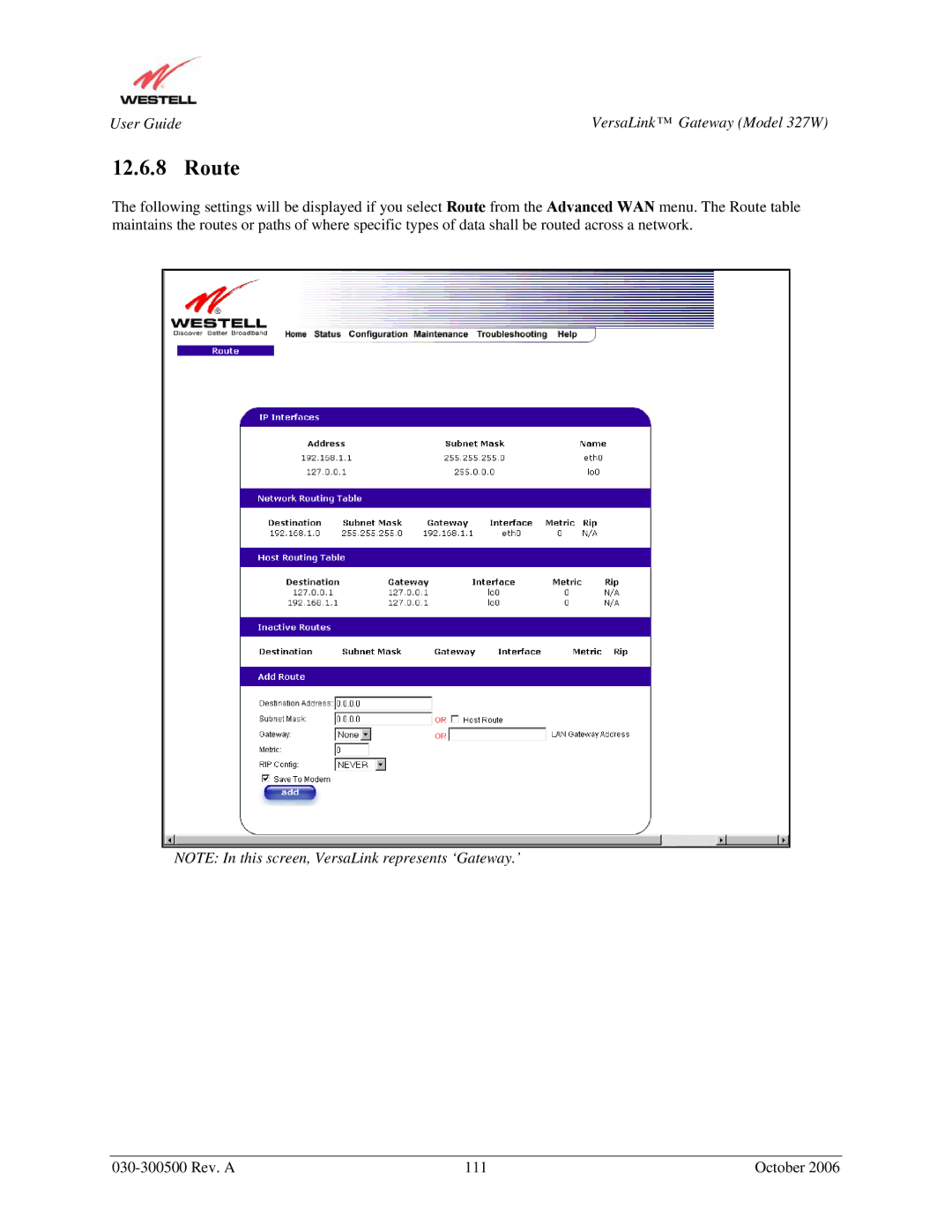 Westell Technologies 327W manual Route 