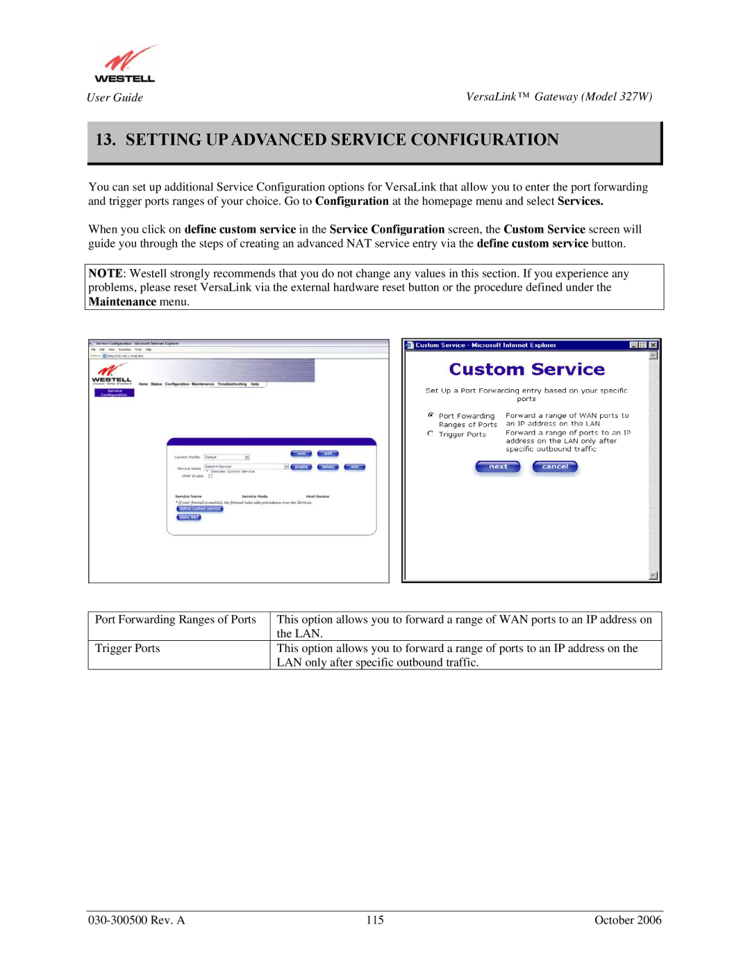 Westell Technologies 327W manual Setting UP Advanced Service Configuration 