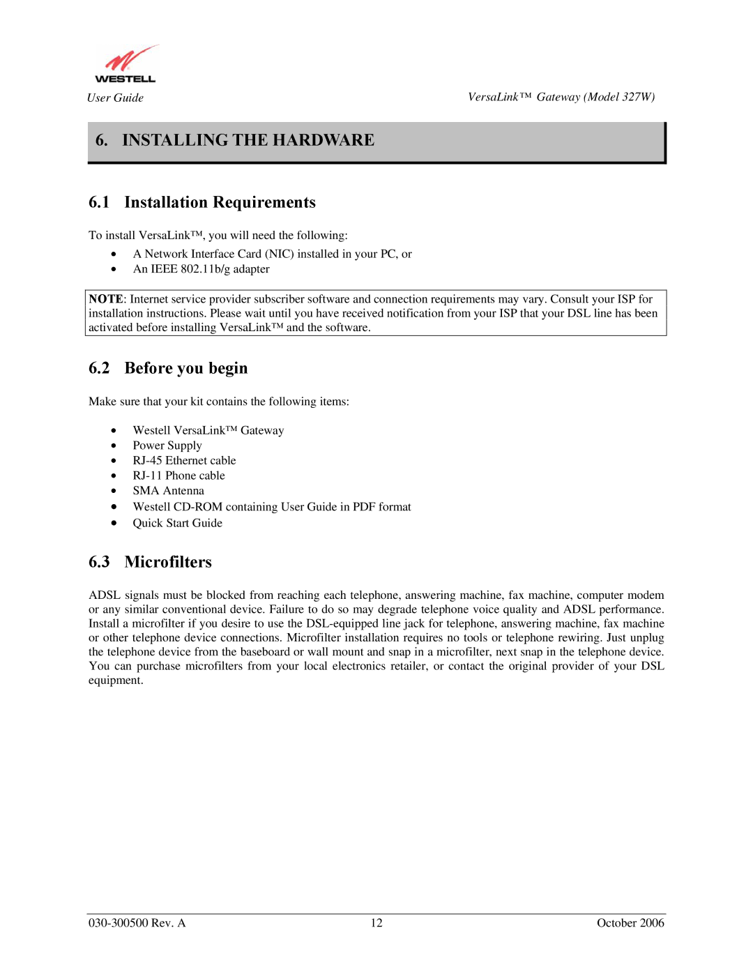 Westell Technologies 327W manual Installing the Hardware, Installation Requirements, Before you begin, Microfilters 