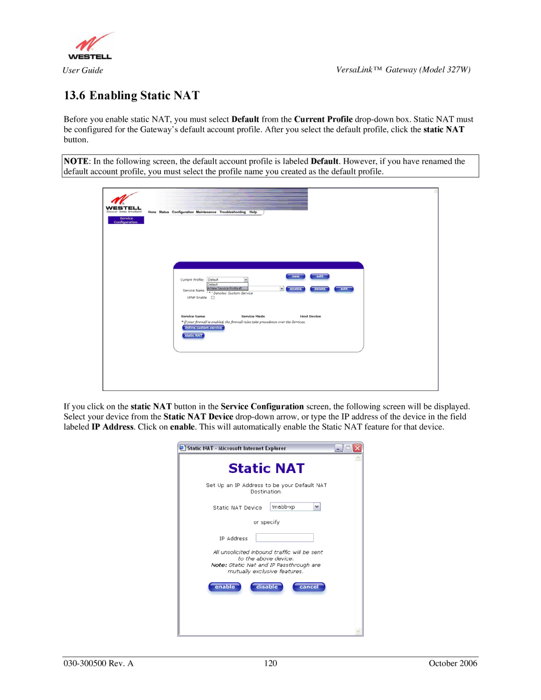 Westell Technologies 327W manual Enabling Static NAT 