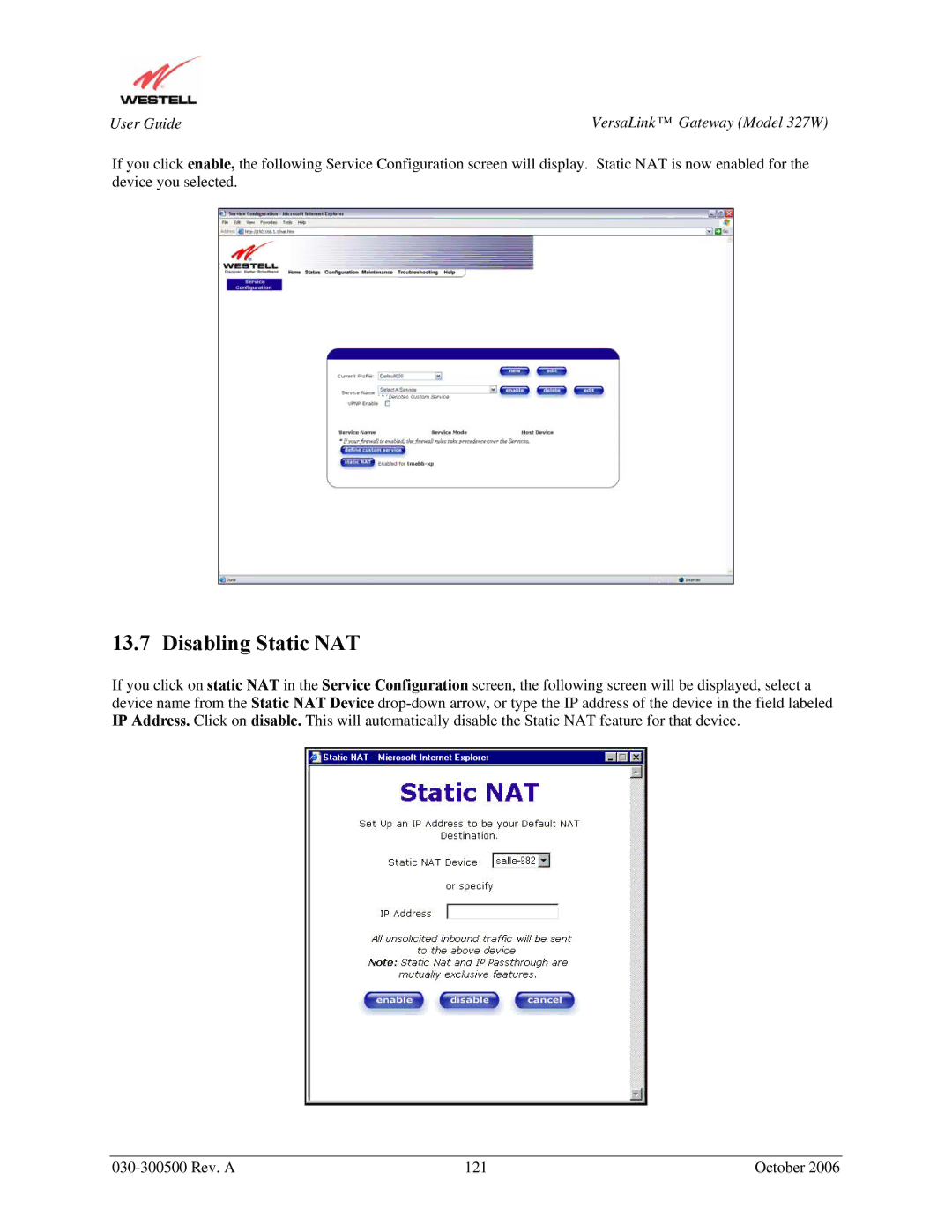 Westell Technologies 327W manual Disabling Static NAT 