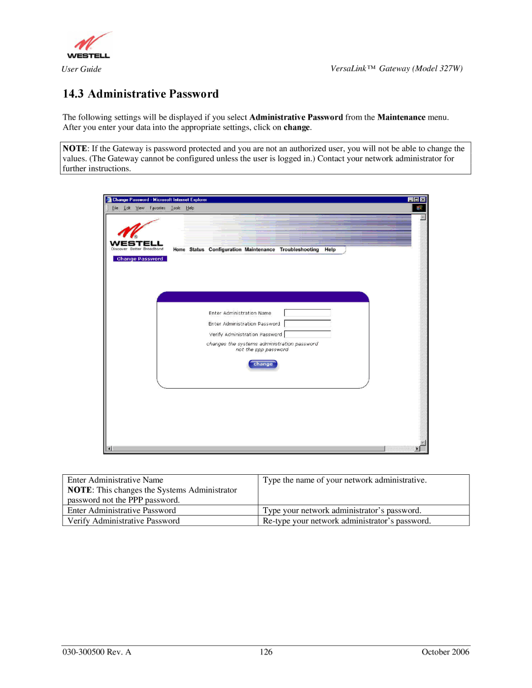 Westell Technologies 327W manual Administrative Password 