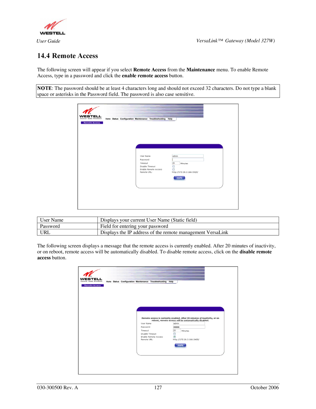 Westell Technologies 327W manual Remote Access, Url 