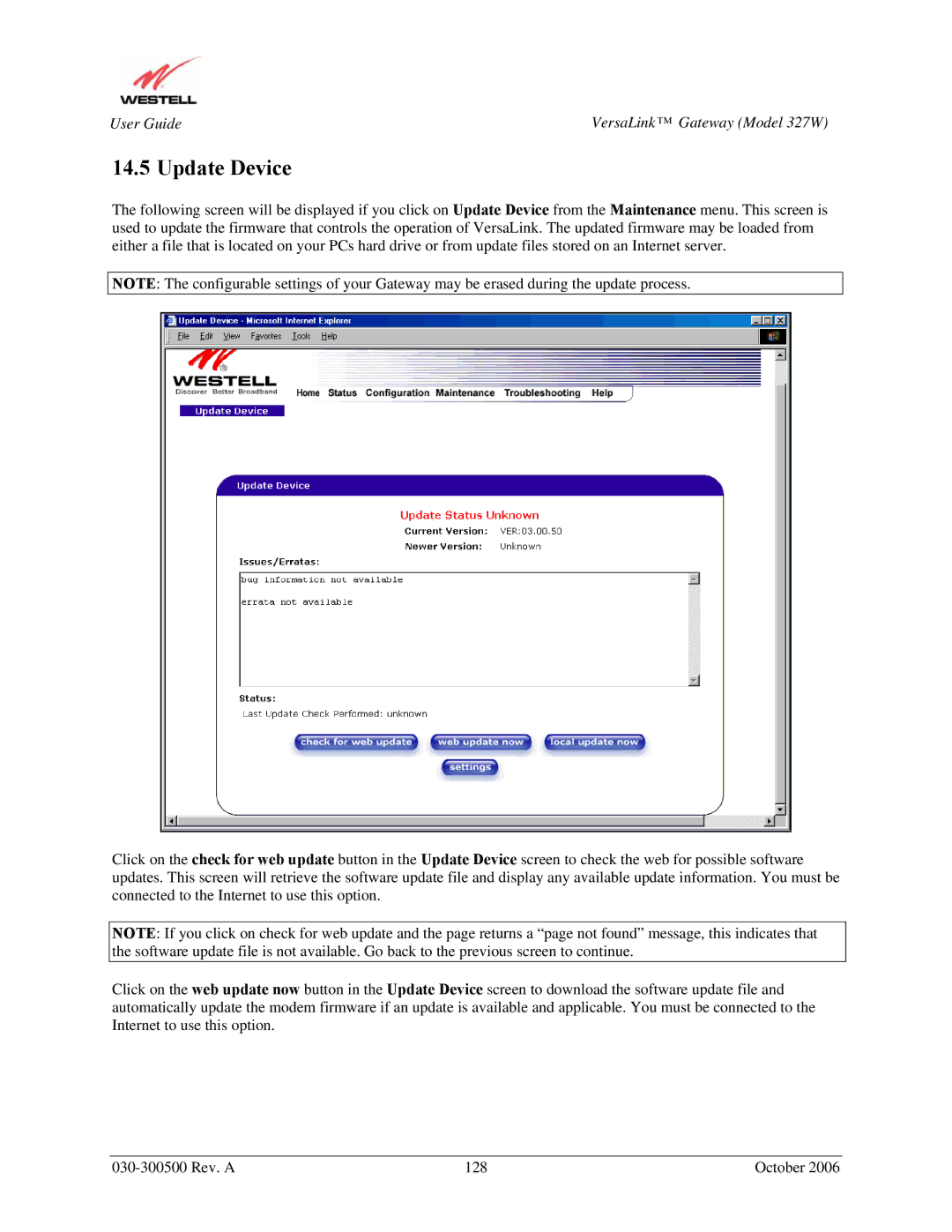 Westell Technologies 327W manual Update Device 