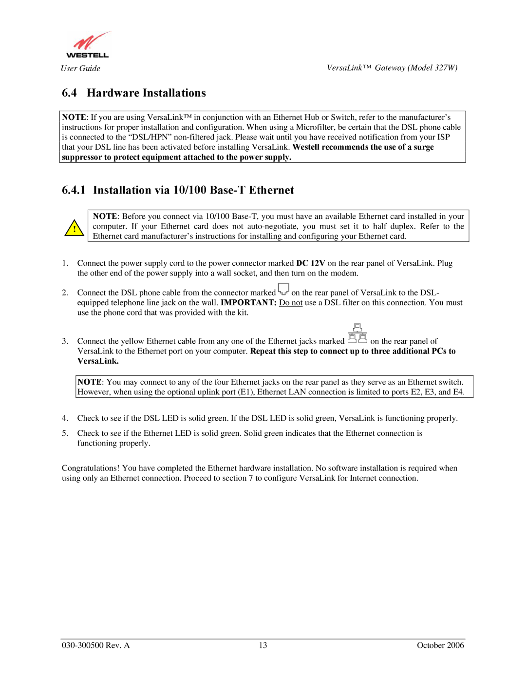 Westell Technologies 327W manual Hardware Installations, Installation via 10/100 Base-T Ethernet, VersaLink 