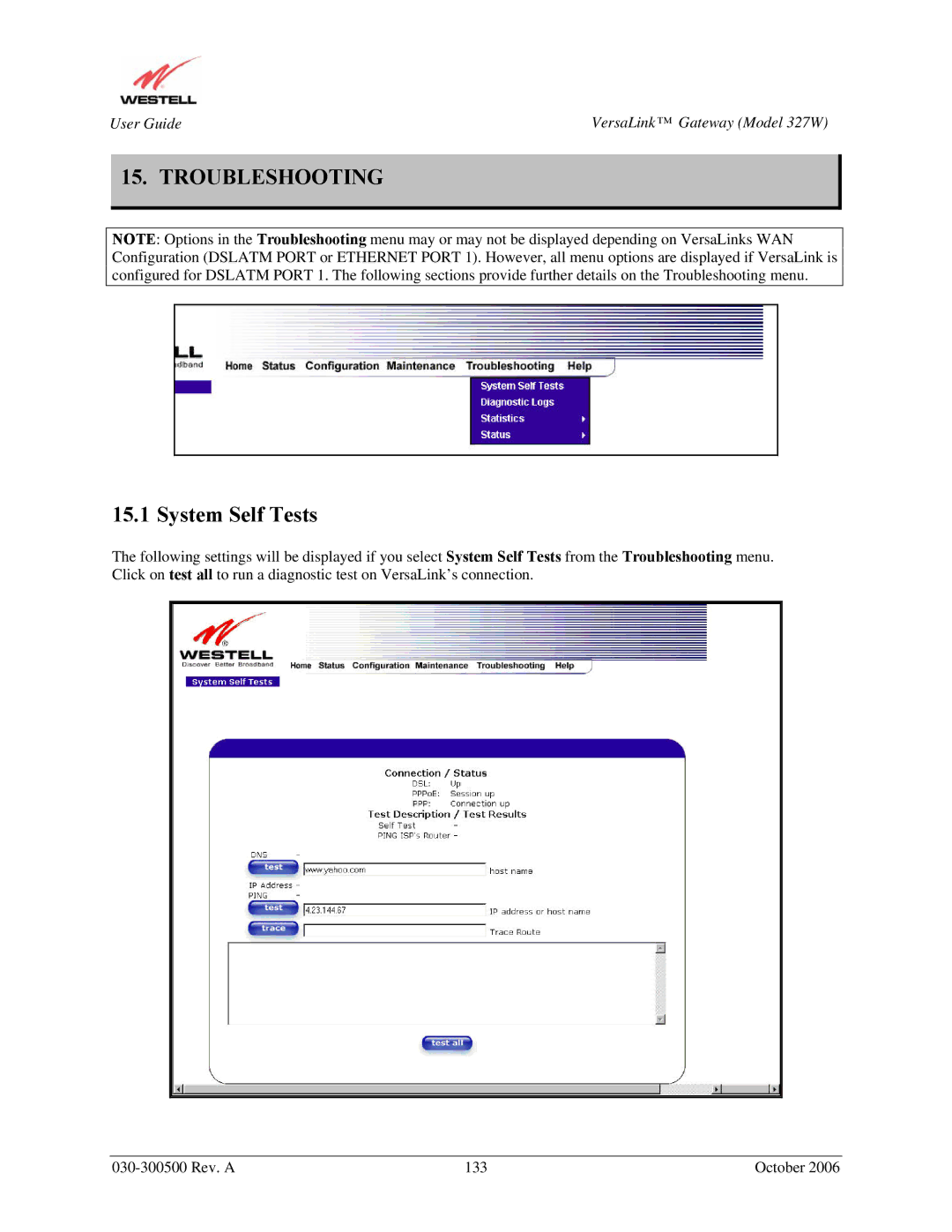 Westell Technologies 327W manual Troubleshooting, System Self Tests 