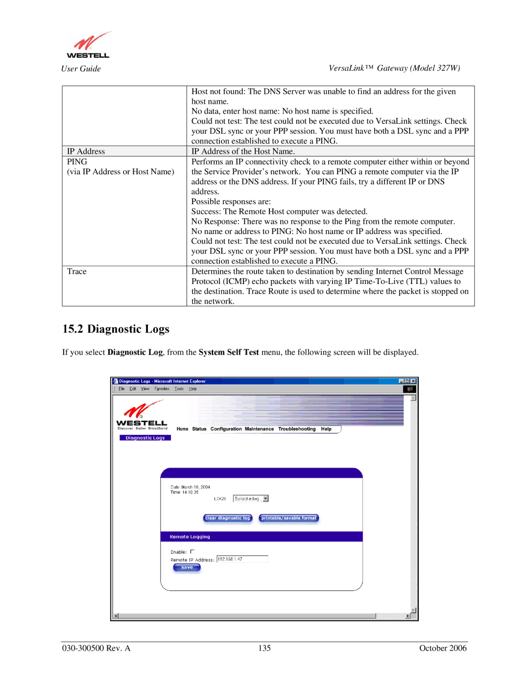 Westell Technologies 327W manual Diagnostic Logs, Ping 