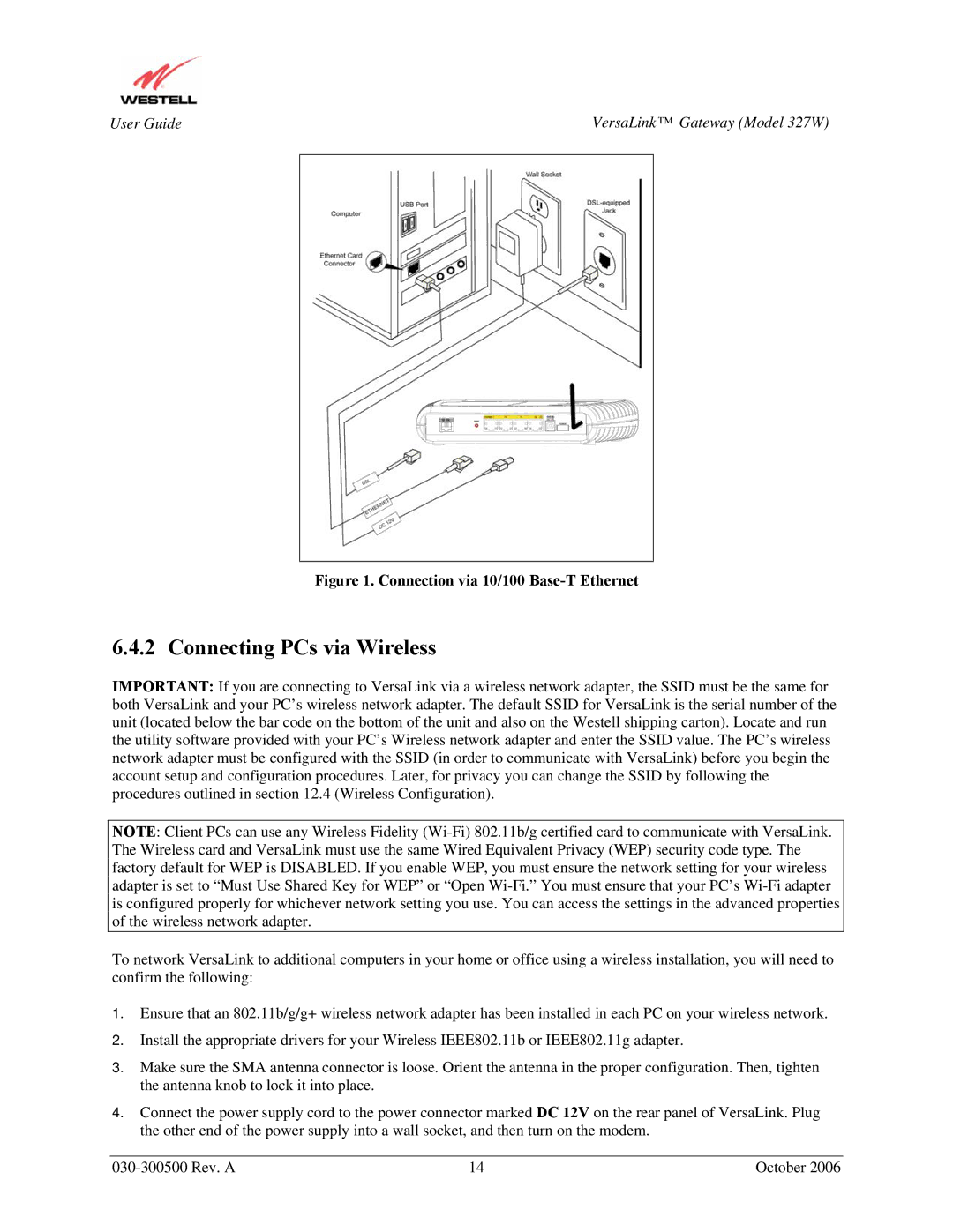 Westell Technologies 327W manual Connecting PCs via Wireless, Connection via 10/100 Base-T Ethernet 