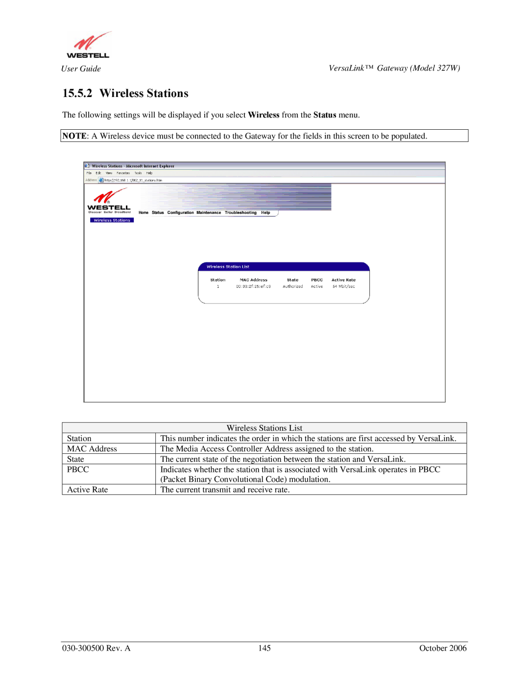 Westell Technologies 327W manual Wireless Stations, Pbcc 