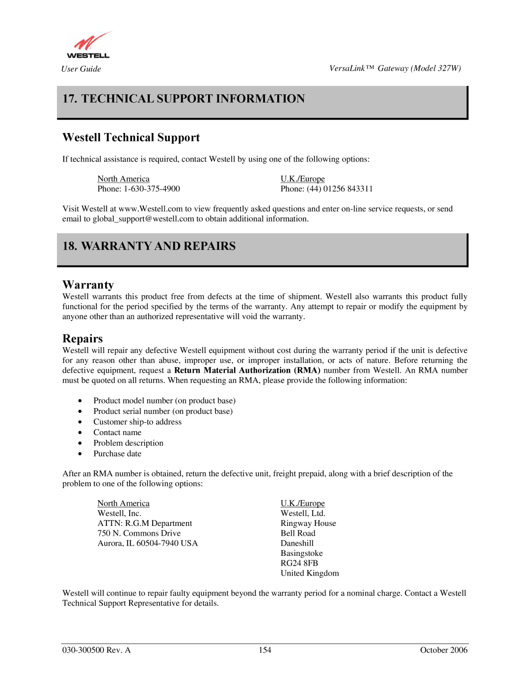 Westell Technologies 327W manual Technical Support Information, Westell Technical Support, Warranty and Repairs 