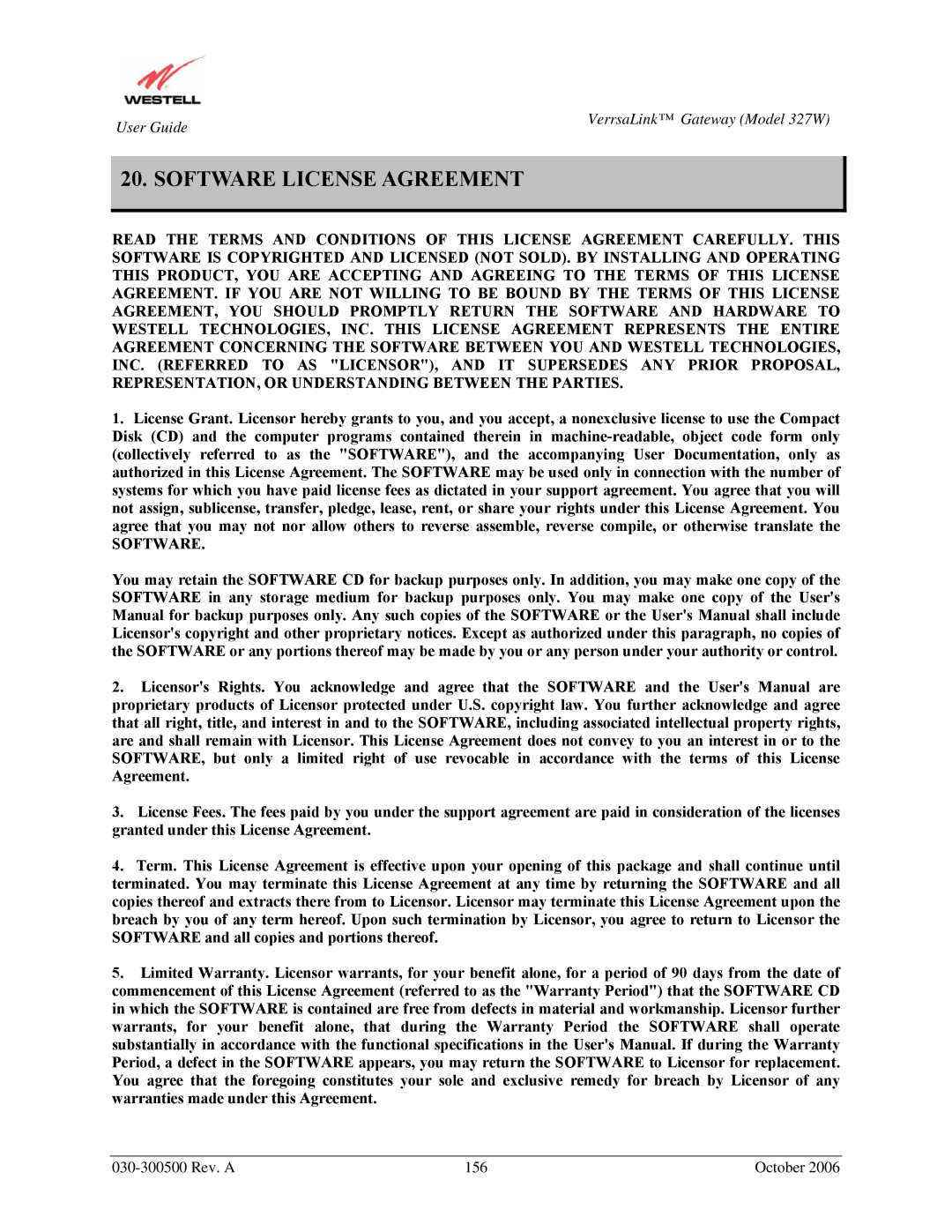 Westell Technologies 327W manual Software License Agreement 