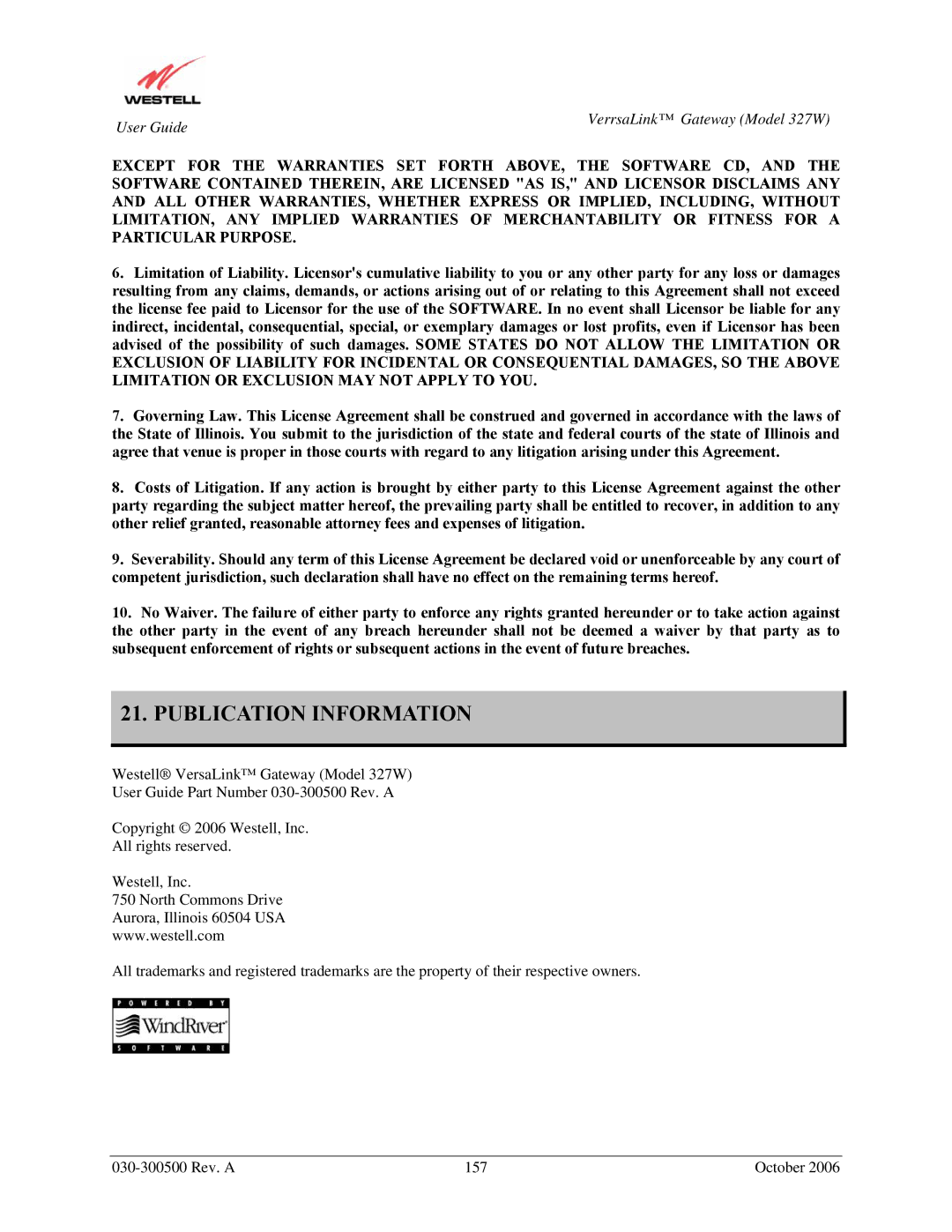 Westell Technologies 327W manual Publication Information 