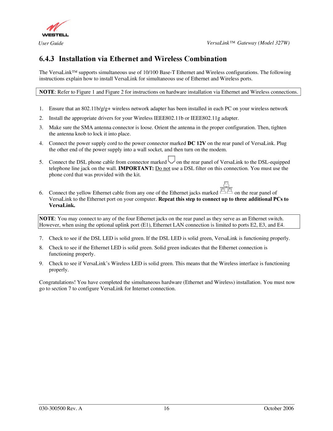 Westell Technologies 327W manual Installation via Ethernet and Wireless Combination, VersaLink 