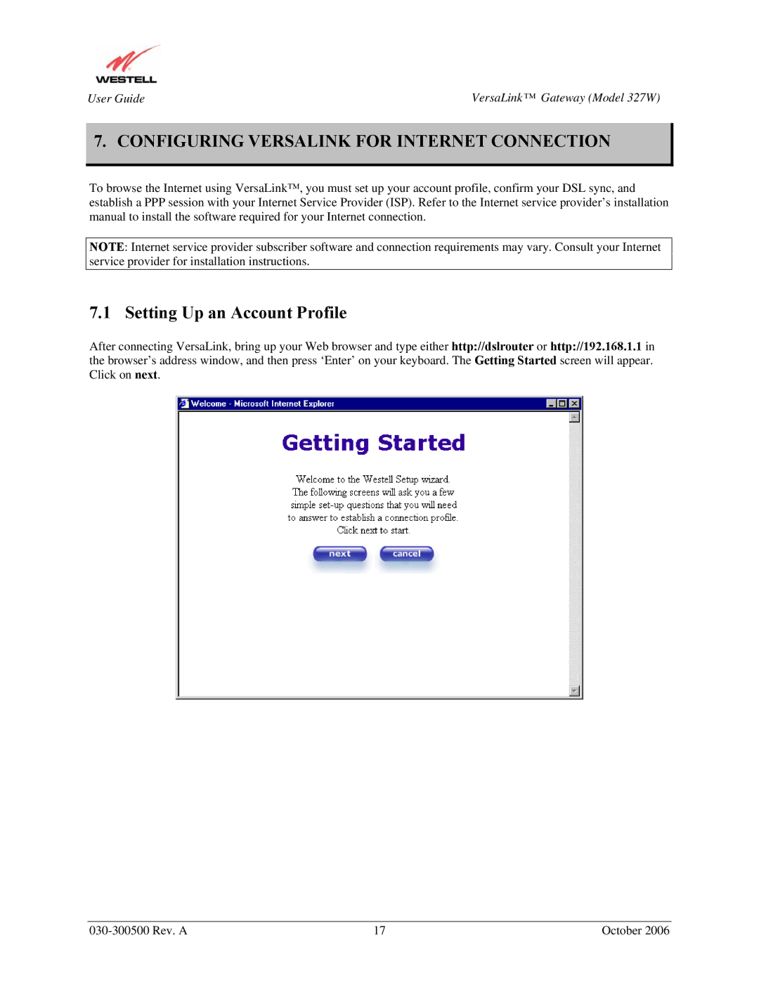 Westell Technologies 327W manual Configuring Versalink for Internet Connection, Setting Up an Account Profile 