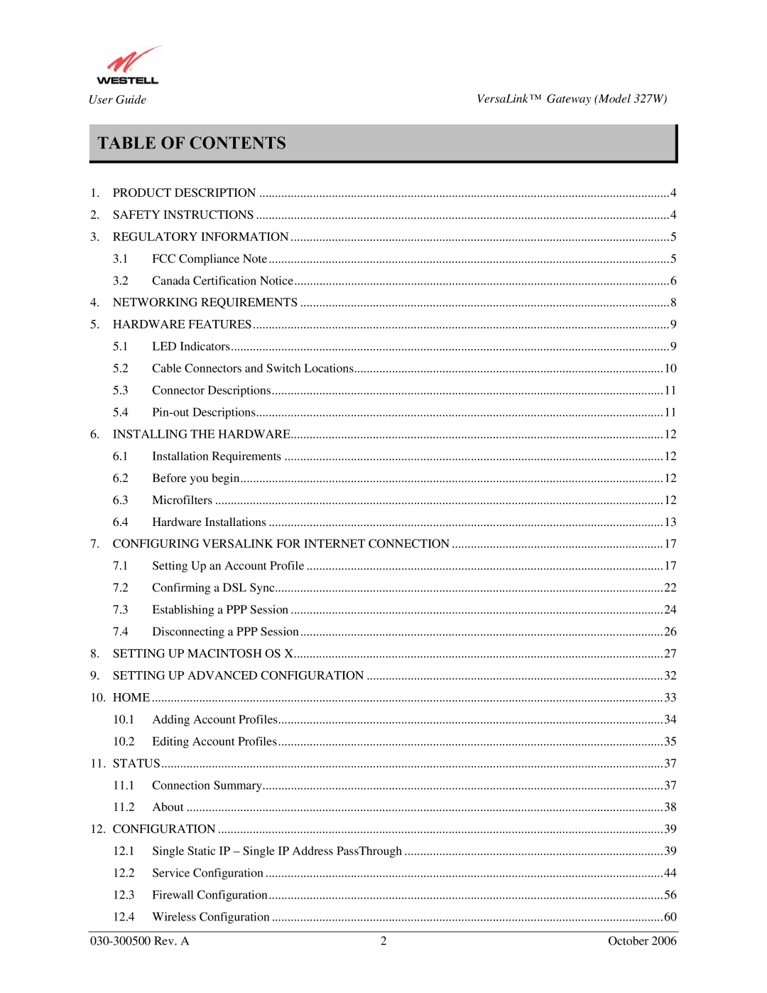 Westell Technologies 327W manual Table of Contents 