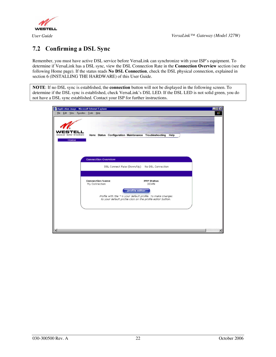 Westell Technologies 327W manual Confirming a DSL Sync 