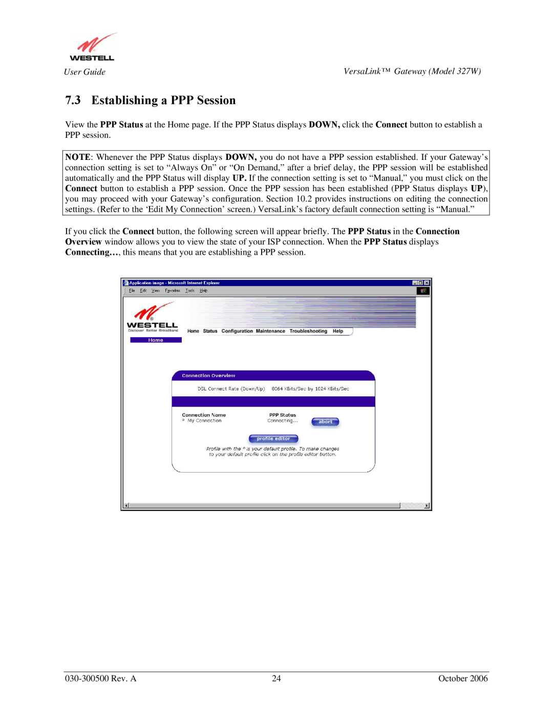 Westell Technologies 327W manual Establishing a PPP Session 