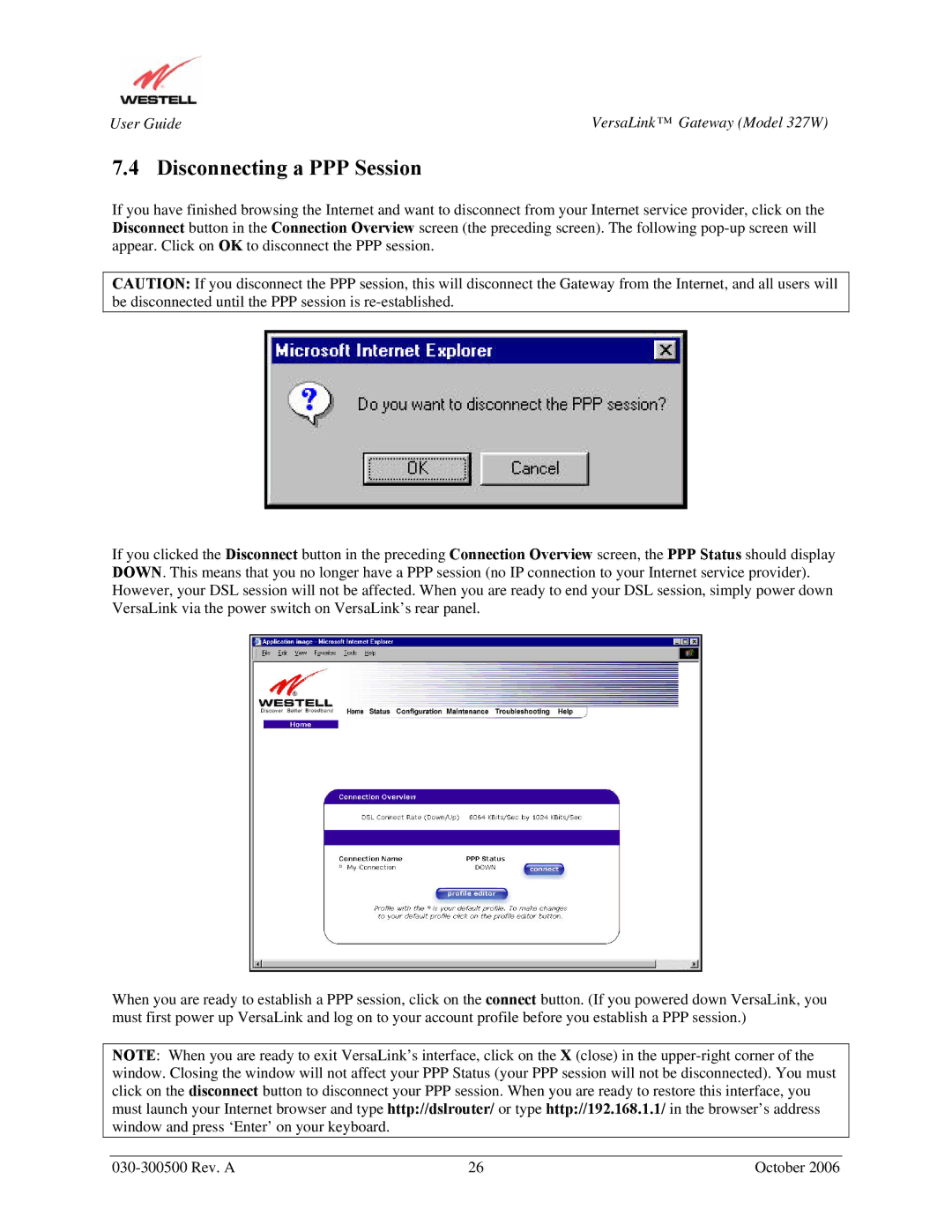 Westell Technologies 327W manual Disconnecting a PPP Session 