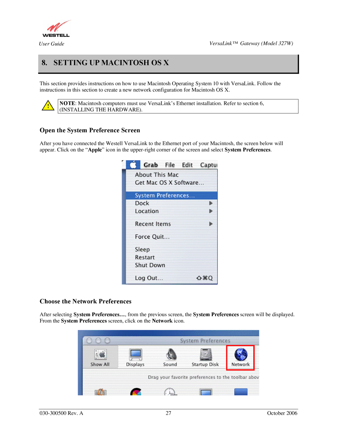 Westell Technologies 327W manual Setting UP Macintosh OS, Open the System Preference Screen 