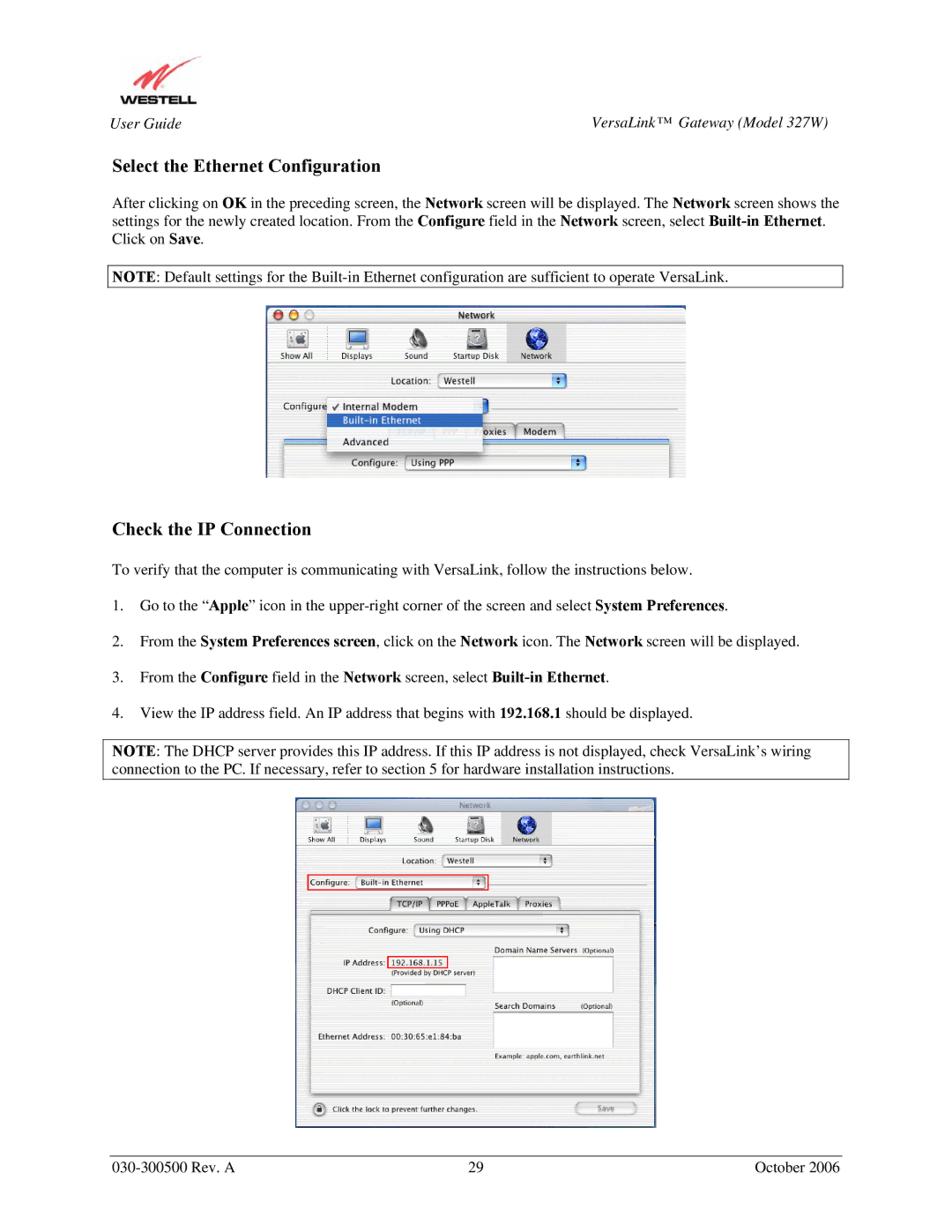 Westell Technologies 327W manual Select the Ethernet Configuration 