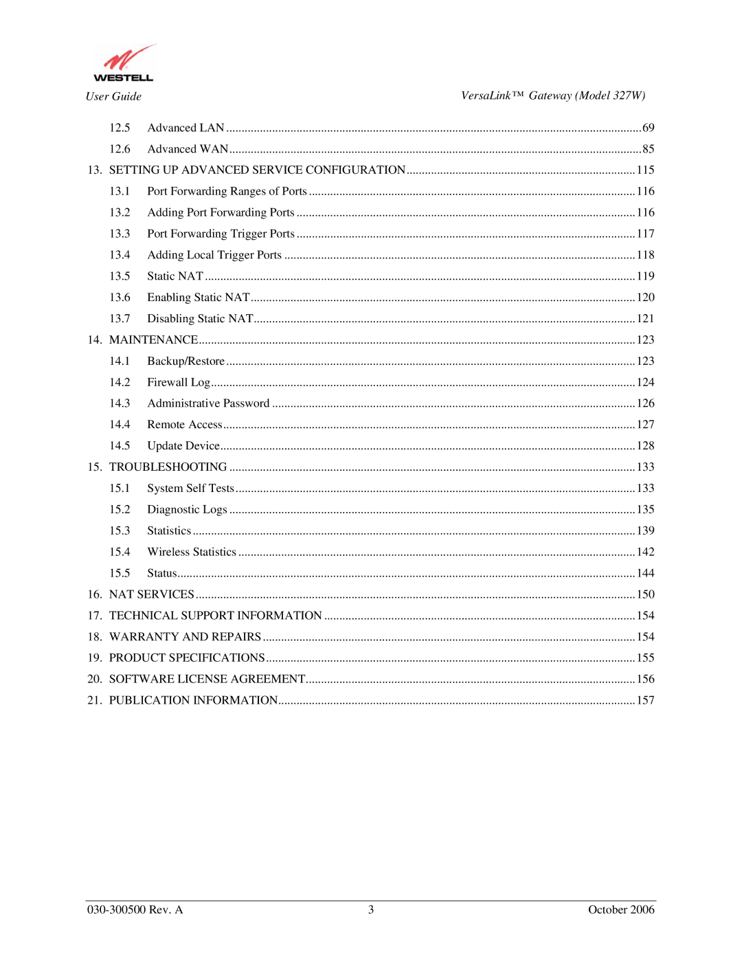 Westell Technologies manual User Guide VersaLink Gateway Model 327W 12.5 