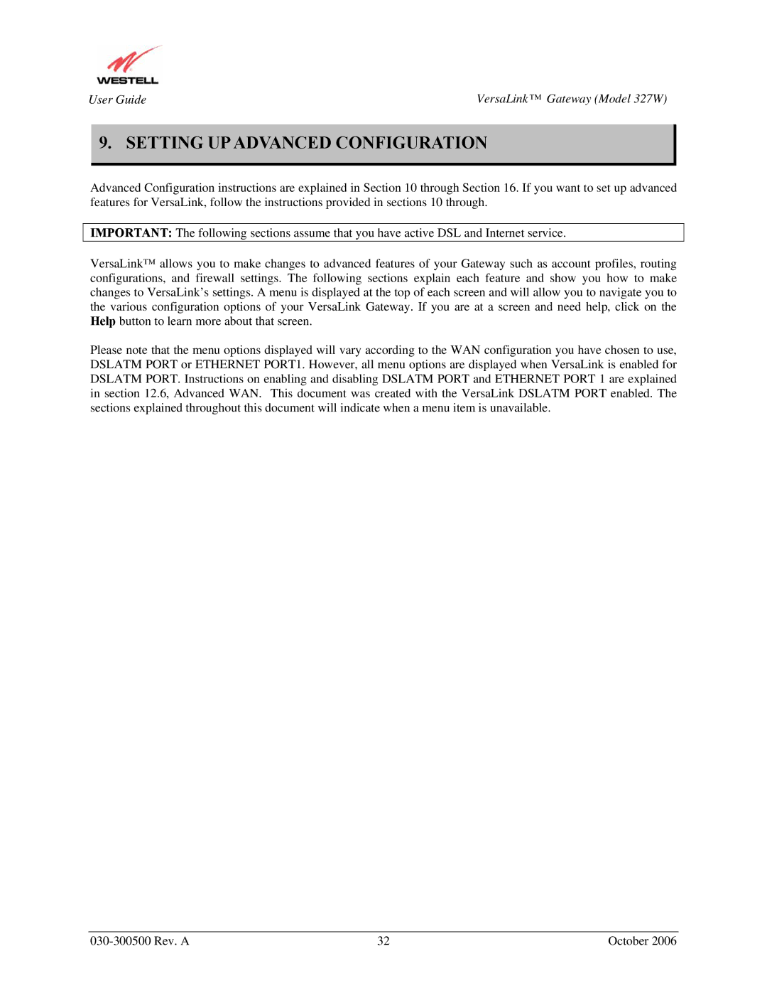 Westell Technologies 327W manual Setting UP Advanced Configuration 