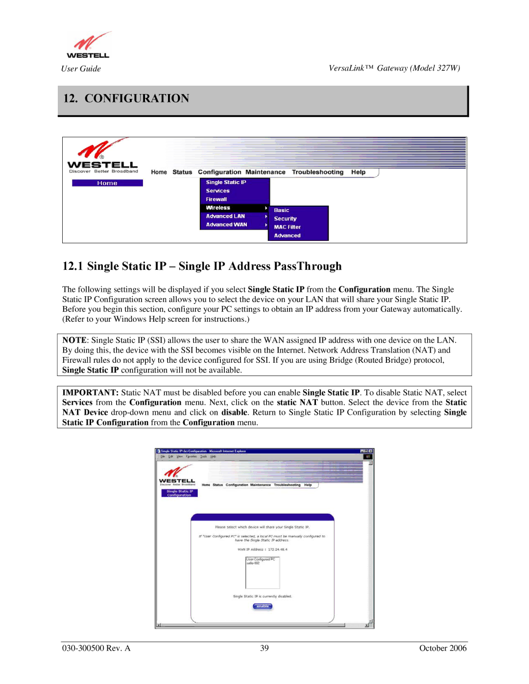 Westell Technologies 327W manual Configuration, Single Static IP Single IP Address PassThrough 