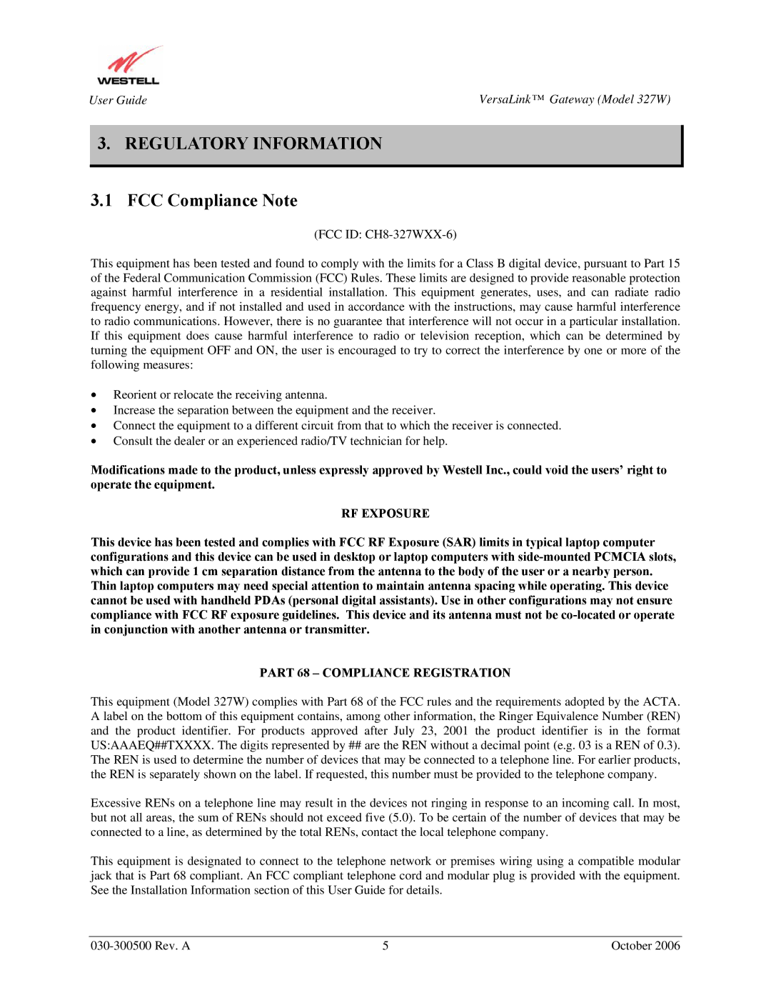 Westell Technologies 327W manual Regulatory Information, FCC Compliance Note 