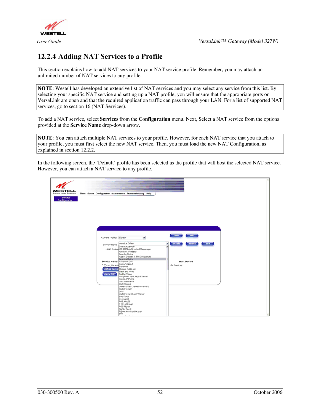 Westell Technologies 327W manual Adding NAT Services to a Profile 