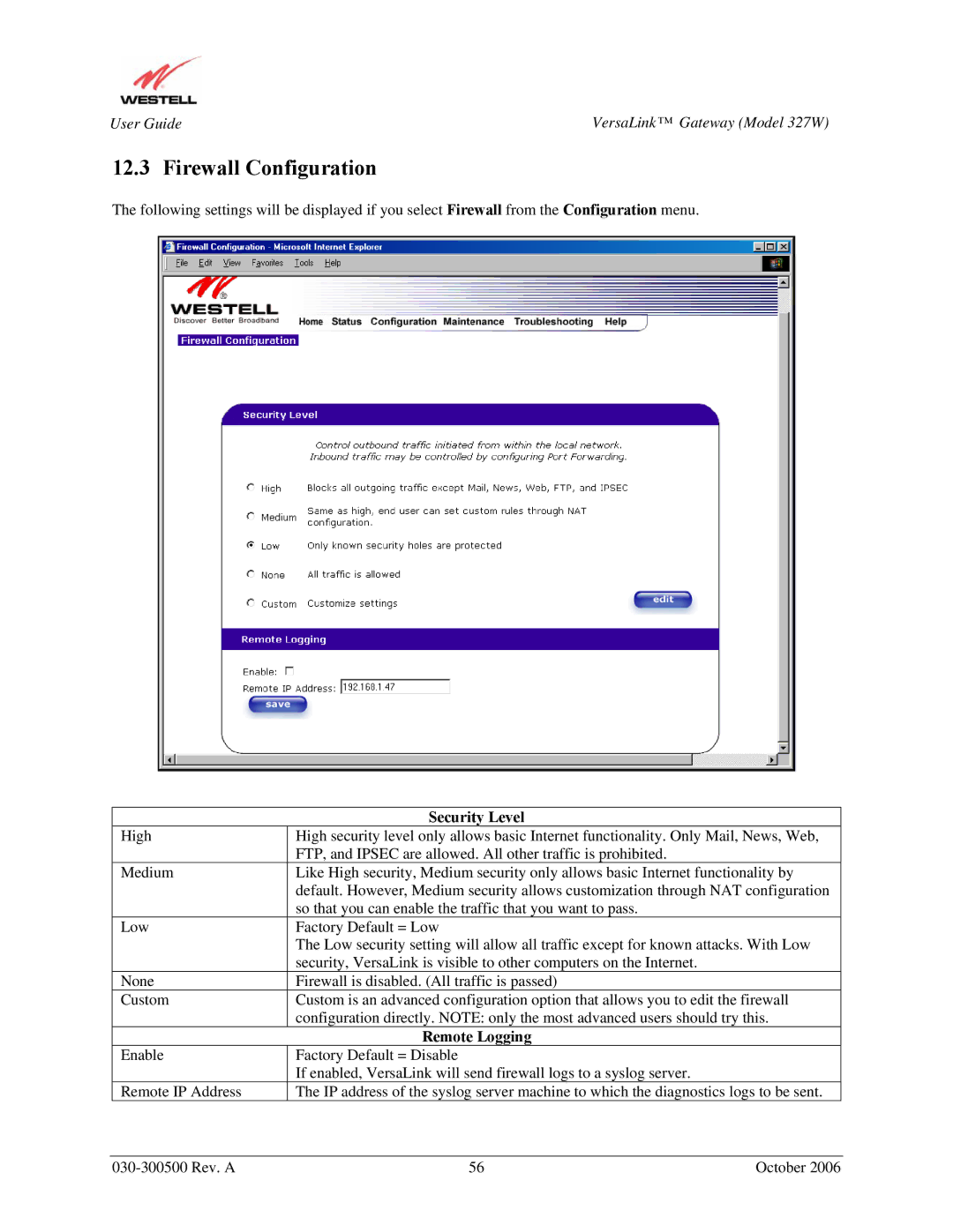 Westell Technologies 327W manual Firewall Configuration, Security Level, Remote Logging 