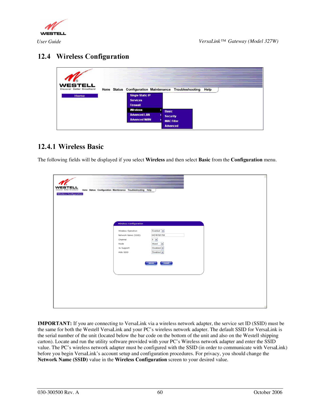 Westell Technologies 327W manual Wireless Configuration Wireless Basic 