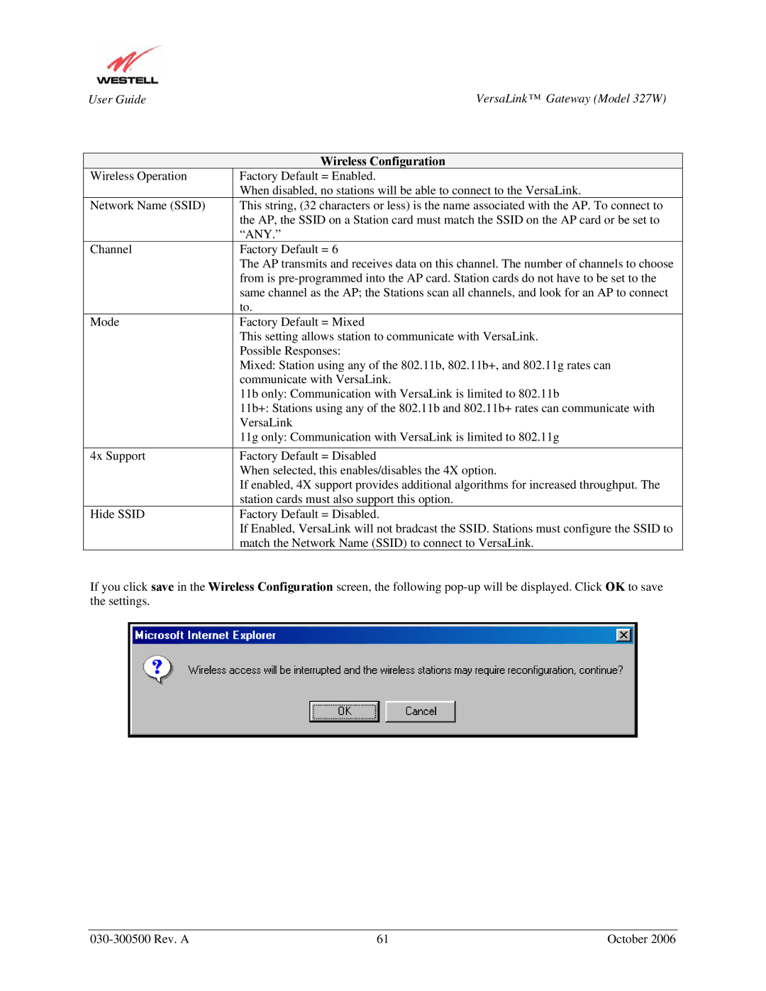 Westell Technologies 327W manual Wireless Configuration 