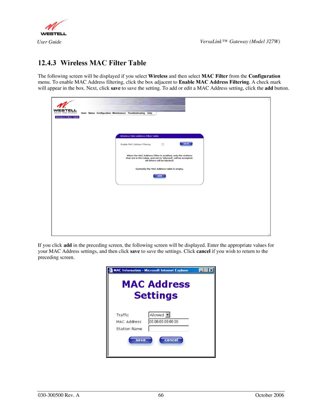 Westell Technologies 327W manual Wireless MAC Filter Table 
