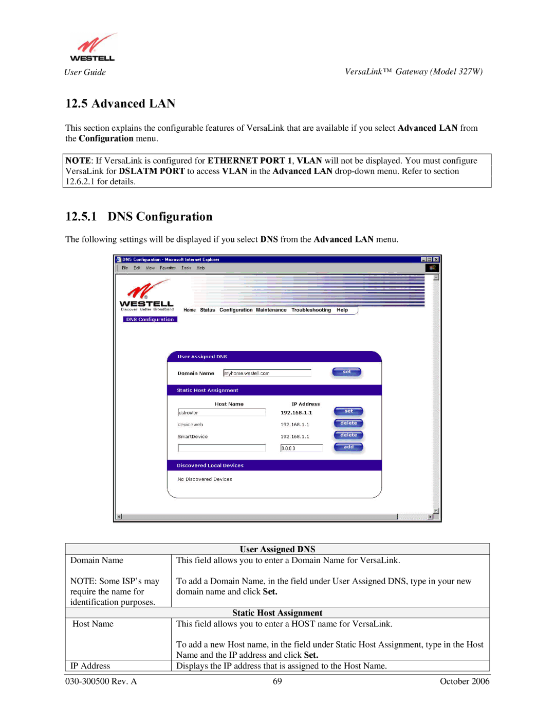 Westell Technologies 327W manual Advanced LAN, DNS Configuration, User Assigned DNS, Static Host Assignment 