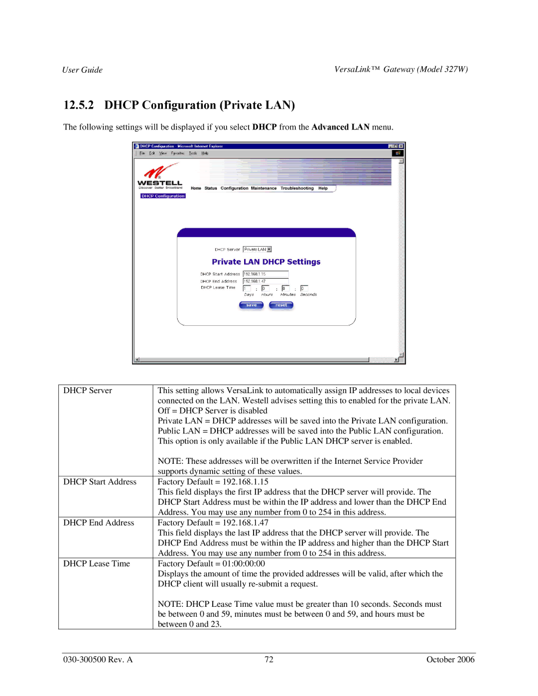 Westell Technologies 327W manual Dhcp Configuration Private LAN 