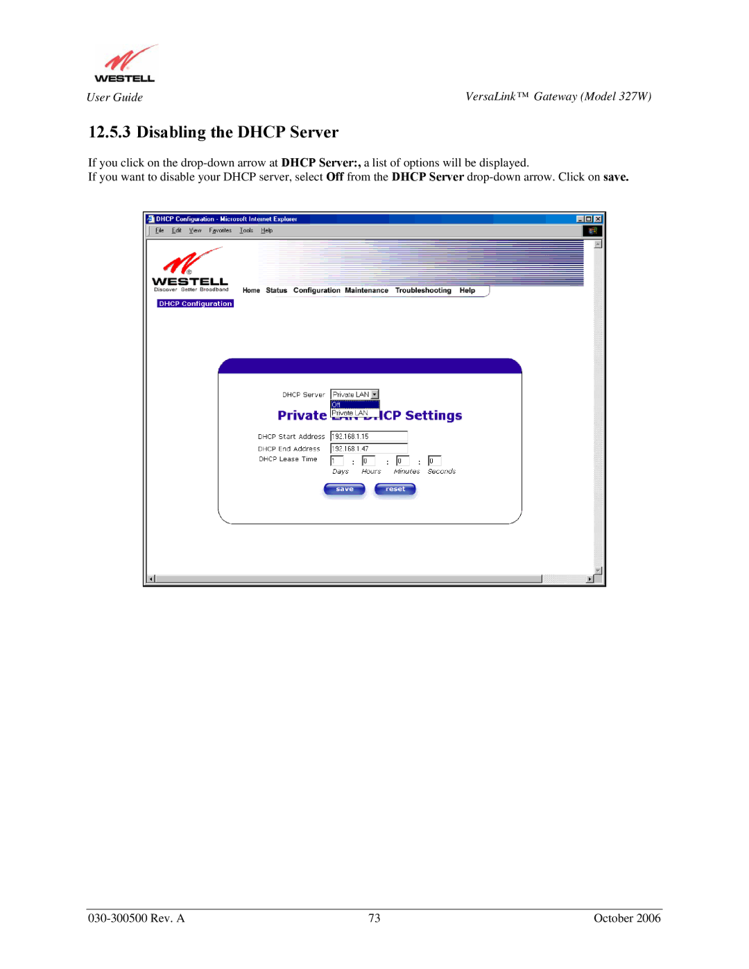 Westell Technologies 327W manual Disabling the Dhcp Server 