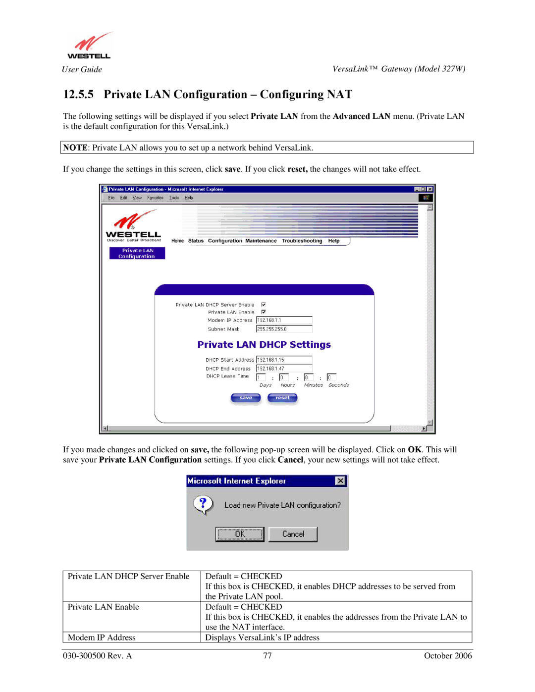 Westell Technologies 327W manual Private LAN Configuration Configuring NAT 