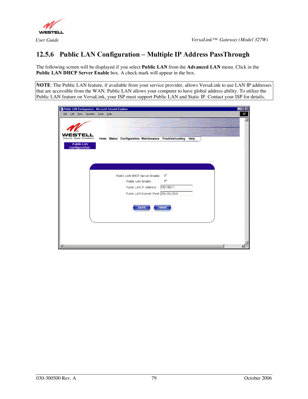 Westell Technologies 327W manual Public LAN Configuration Multiple IP Address PassThrough 