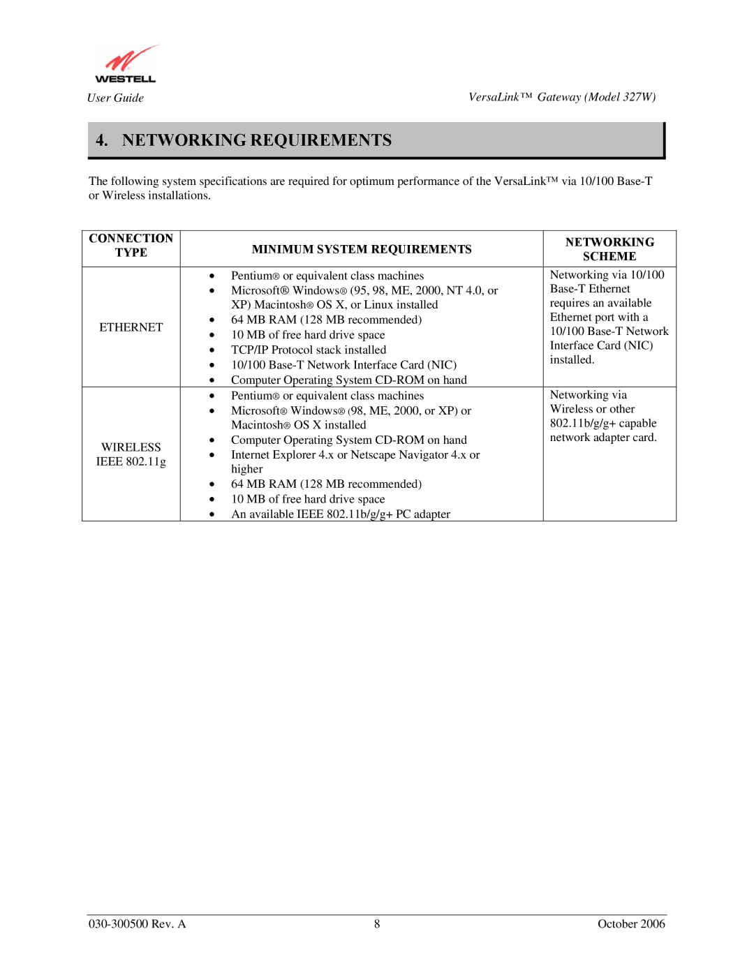 Westell Technologies 327W manual Networking Requirements, Ethernet 