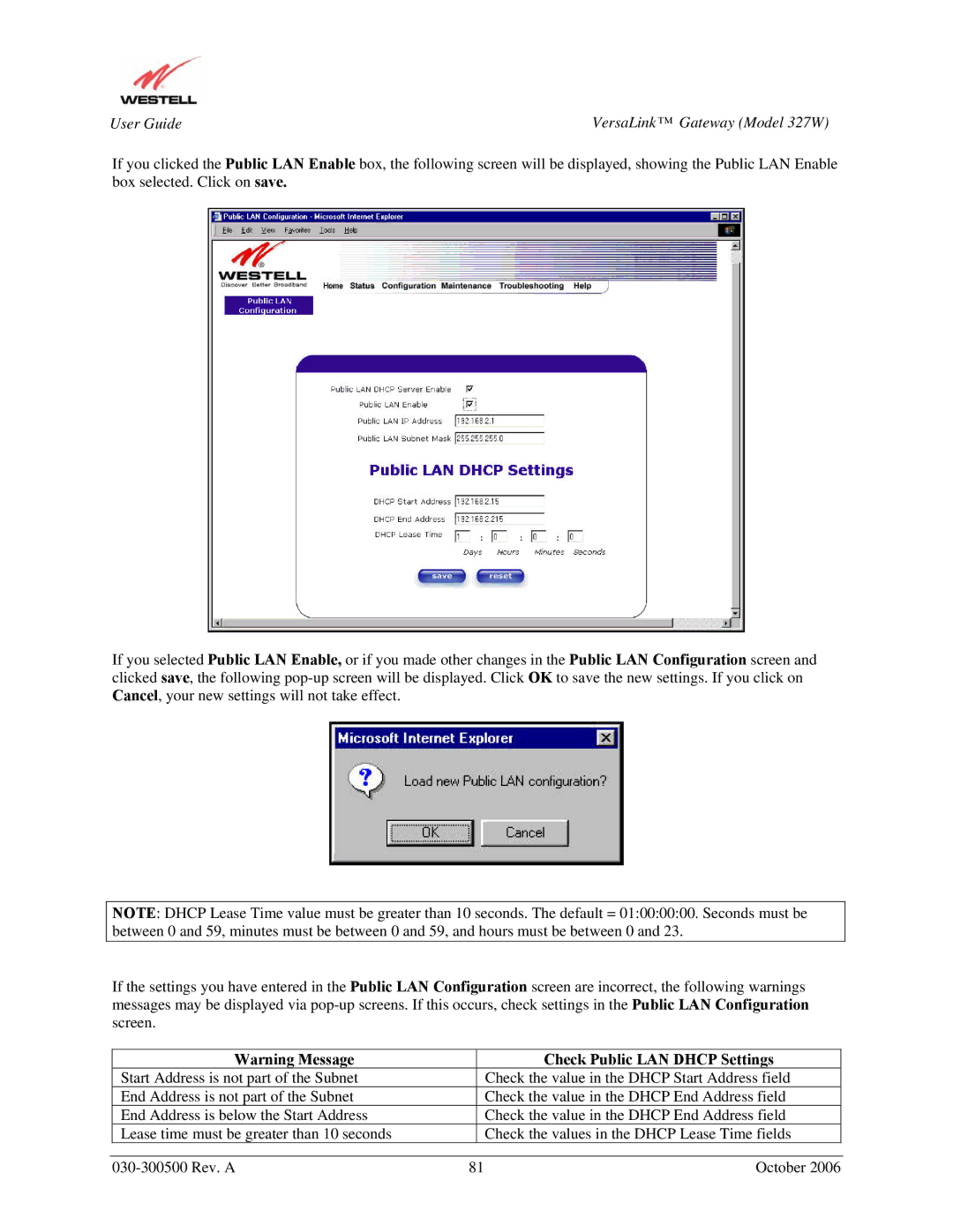 Westell Technologies 327W manual Check Public LAN Dhcp Settings 